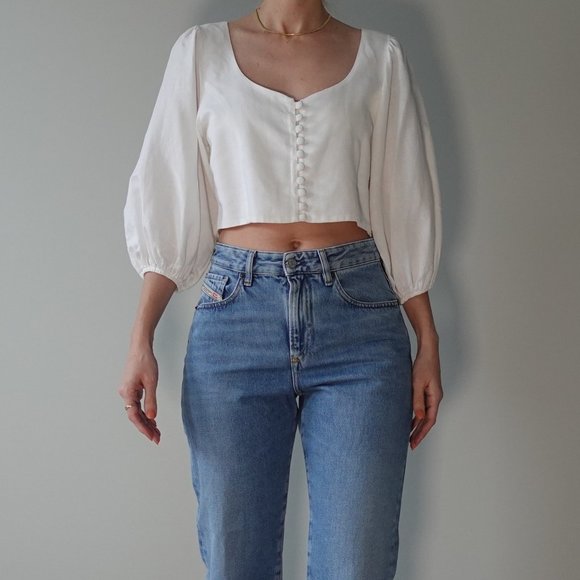 BSL White Puff Sleeve Sweetheart Neck Shirt Size L - Picture 2 of 6